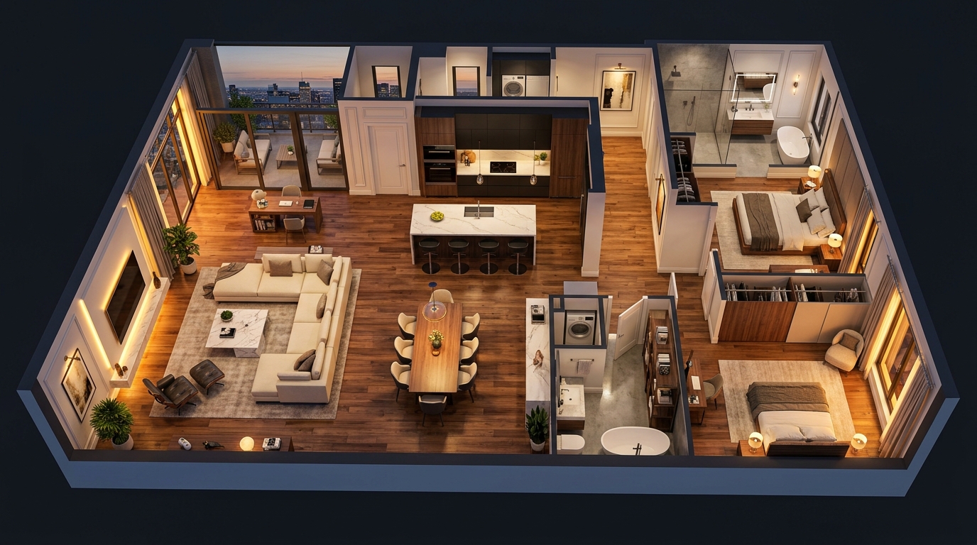 Modern lüks daire 3D kat planı çizimi ve iç mekan mimari görselleştirme
