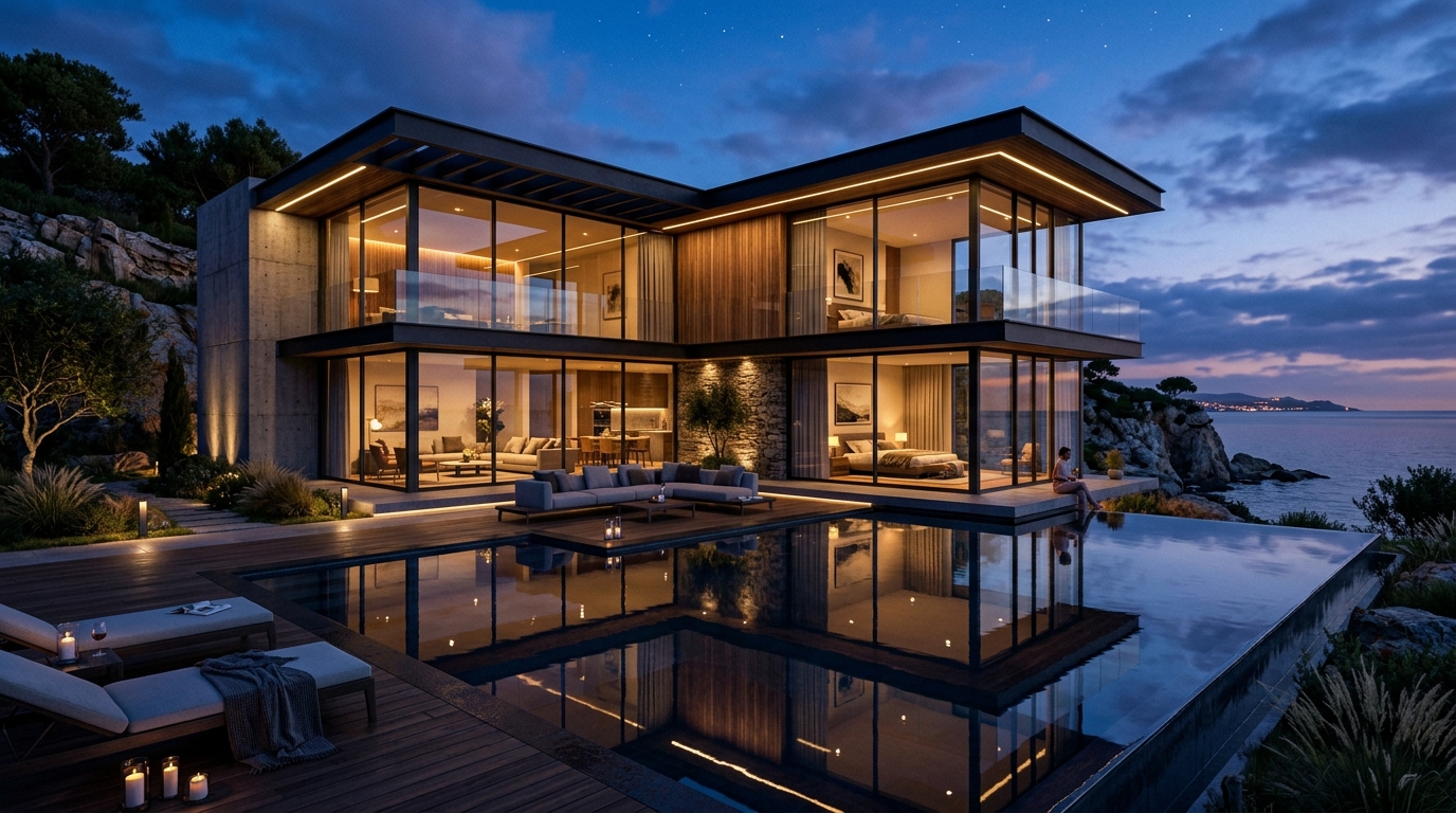 Lüks modern villa mimari projesinde bulut tabanlı render görselleştirmesi